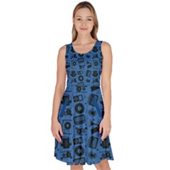 Dodger Blue Radio Cd Player Music Pattern Knee Length Skater Dress With Pockets by CoolDesigns