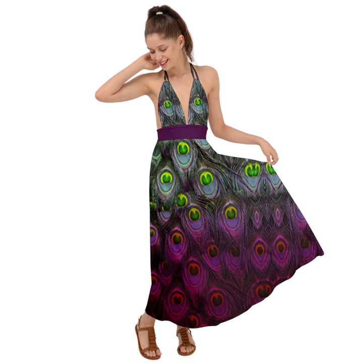 Elegant Peacock Purple Pattern Backless Maxi Beach Dress