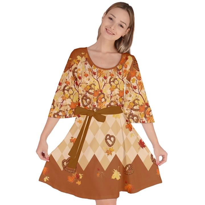 Sianna Autumn Leaves Pretzel Pattern Velour Kimono Dress