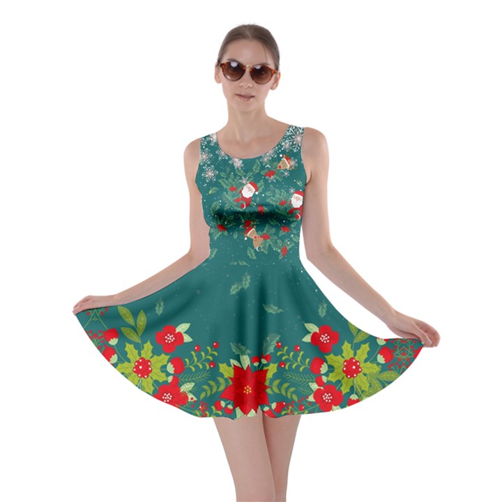 Dark Cyan & Red Mistletoe Santa A-Line Skater Dress