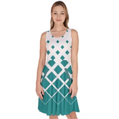 Teal Mint Gradient Rhombuses Knee Length Skater Dress With Pockets