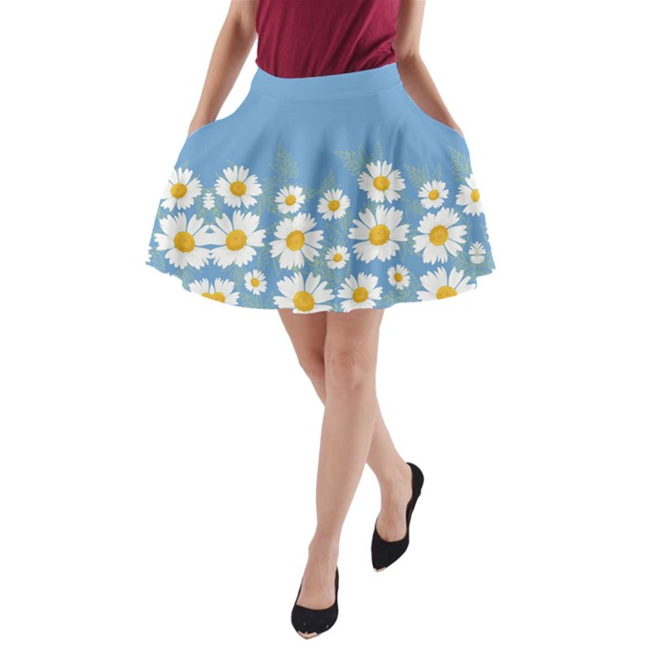 Sky Blue Daisy Flower Cute A-Line Pocket Skirt