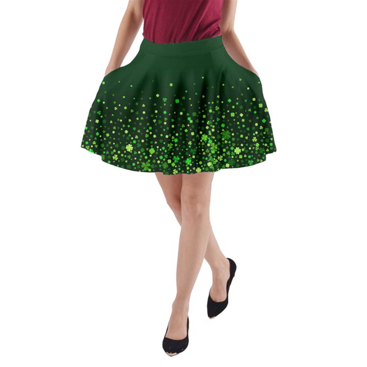 Leave Green Clover Shamrock Handraw A-Line Pocket Skirt