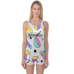 Tridimensional Pastel Shapes Background Memphis Style One Piece Boyleg Swimsuit