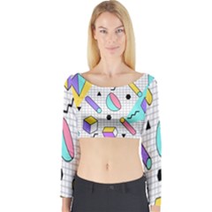 Tridimensional Pastel Shapes Background Memphis Style Long Sleeve Crop Top by Bedest