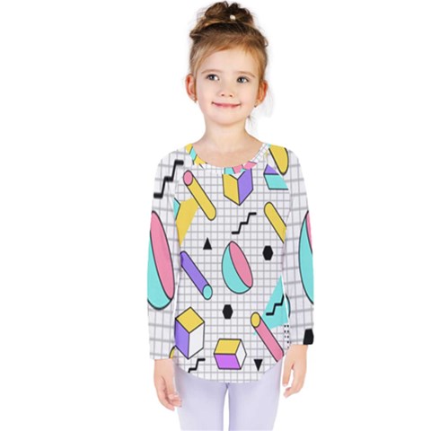 Tridimensional Pastel Shapes Background Memphis Style Kids  Long Sleeve T-shirt by Bedest