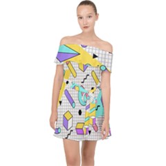 Tridimensional Pastel Shapes Background Memphis Style Off Shoulder Chiffon Dress by Bedest