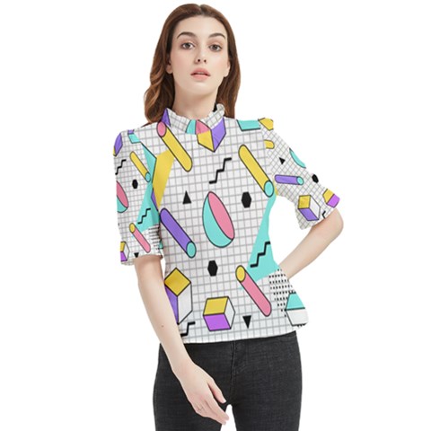 Tridimensional Pastel Shapes Background Memphis Style Frill Neck Blouse by Bedest