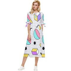 Tridimensional Pastel Shapes Background Memphis Style Bow Sleeve Chiffon Midi Dress by Bedest