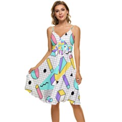 Tridimensional Pastel Shapes Background Memphis Style Sleeveless Tie Front Chiffon Dress by Bedest