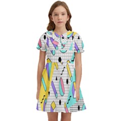 Tridimensional Pastel Shapes Background Memphis Style Kids  Bow Tie Puff Sleeve Dress by Bedest