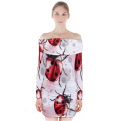 Ladybugs Pattern Texture Watercolor Long Sleeve Off Shoulder Dress by Bedest