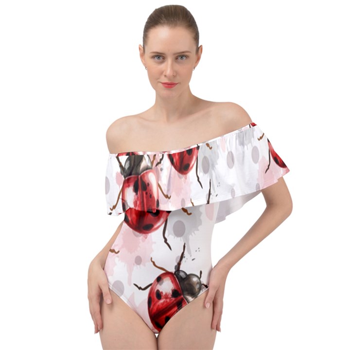 Ladybugs Pattern Texture Watercolor Off Shoulder Velour Bodysuit 