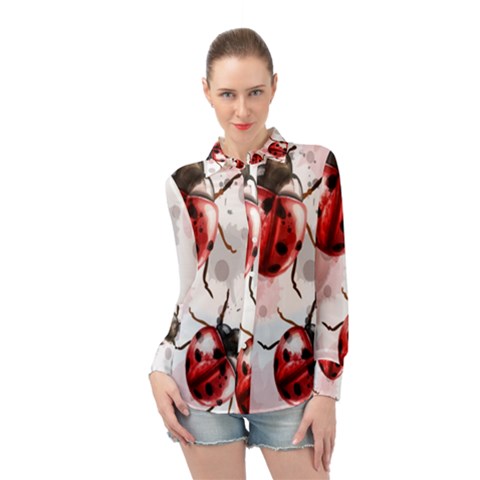 Ladybugs Pattern Texture Watercolor Long Sleeve Chiffon Shirt by Bedest