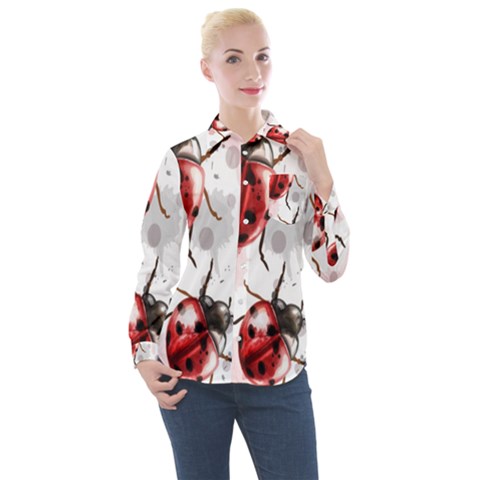 Ladybugs Pattern Texture Watercolor Women s Long Sleeve Pocket Shirt by Bedest