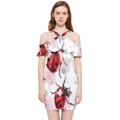 Ladybugs Pattern Texture Watercolor Shoulder Frill Bodycon Summer Dress by Bedest