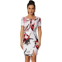 Ladybugs Pattern Texture Watercolor Fitted Knot Split End Bodycon Dress by Bedest