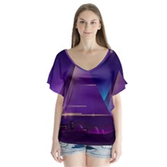 Egyptian Pyramids Night Landscape Cartoon V-neck Flutter Sleeve Top by Bedest