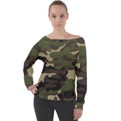 Texture Military Camouflage Repeats Seamless Army Green Hunting Off Shoulder Long Sleeve Velour Top by Bedest