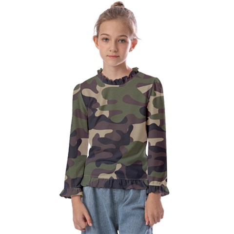 Texture Military Camouflage Repeats Seamless Army Green Hunting Kids  Frill Detail T-shirt by Bedest