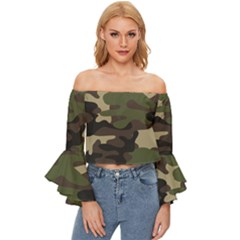 Texture Military Camouflage Repeats Seamless Army Green Hunting Off Shoulder Flutter Bell Sleeve Top by Bedest