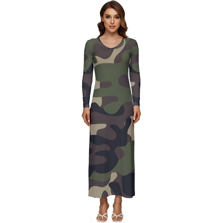 Texture Military Camouflage Repeats Seamless Army Green Hunting Long Sleeve Longline Maxi Dress