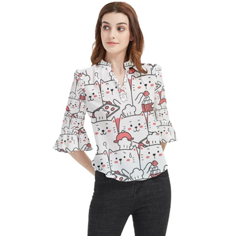 Cute Cat Chef Cooking Seamless Pattern Cartoon Loose Horn Sleeve Chiffon Blouse by Bedest