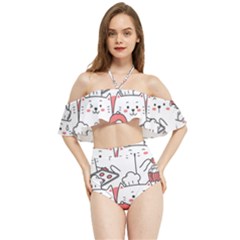 Cute Cat Chef Cooking Seamless Pattern Cartoon Halter Flowy Bikini Set  by Bedest