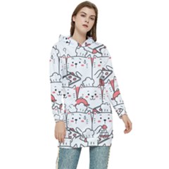 Cute Cat Chef Cooking Seamless Pattern Cartoon Women s Long Oversized Pullover Hoodie by Bedest