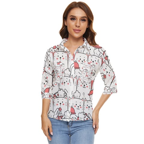 Cute Cat Chef Cooking Seamless Pattern Cartoon Women s Quarter Sleeve Pocket Shirt by Bedest