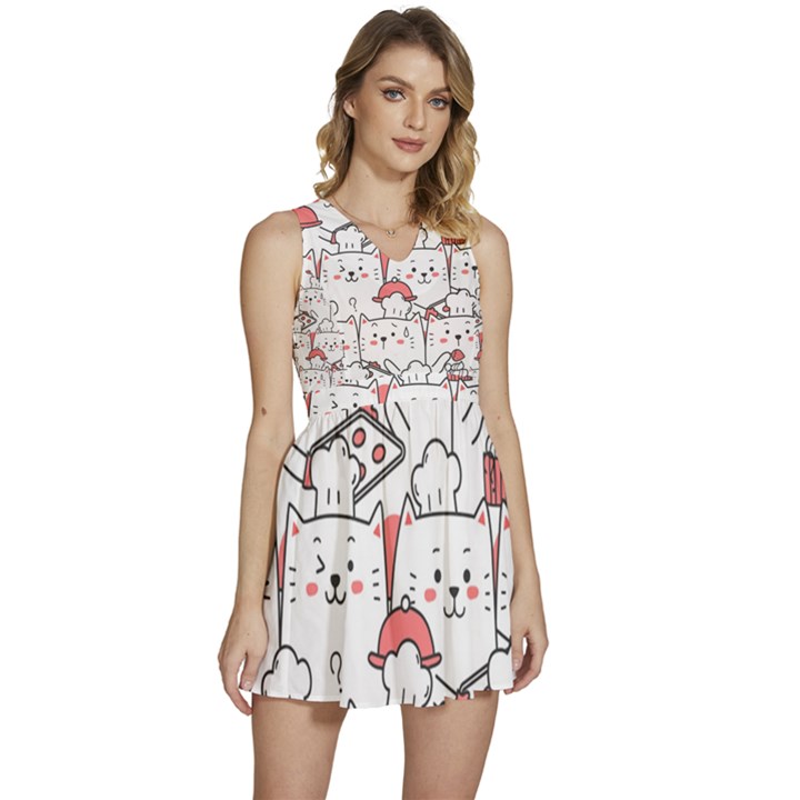 Cute Cat Chef Cooking Seamless Pattern Cartoon Sleeveless High Waist Mini Dress