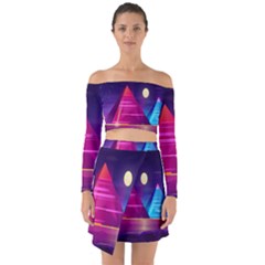 Egyptian Pyramids Night Landscape Cartoon Art Off Shoulder Top With Skirt Set by Bedest