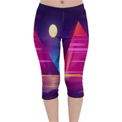 Egyptian Pyramids Night Landscape Cartoon Art Velvet Capri Leggings  by Bedest