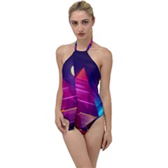 Egyptian Pyramids Night Landscape Cartoon Art Go With The Flow One Piece Swimsuit by Bedest