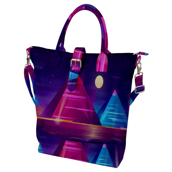 Egyptian Pyramids Night Landscape Cartoon Art Buckle Top Tote Bag