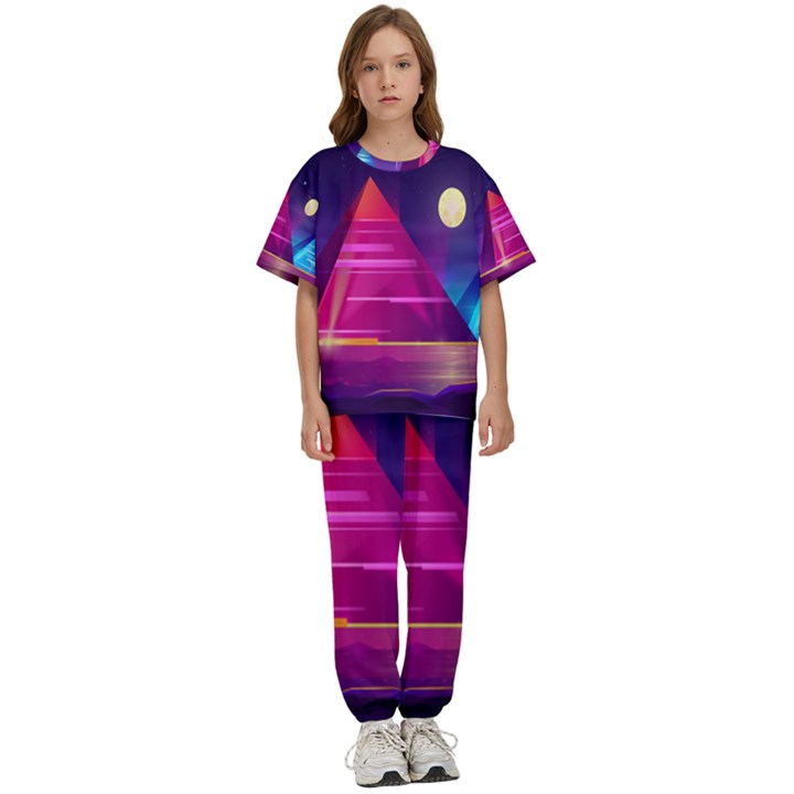 Egyptian Pyramids Night Landscape Cartoon Art Kids  T-Shirt and Pants Sports Set