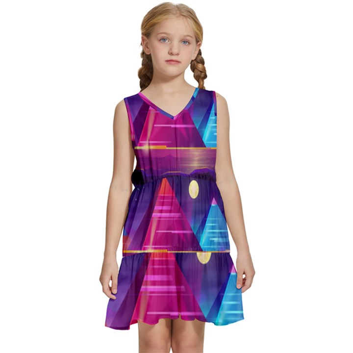 Egyptian Pyramids Night Landscape Cartoon Art Kids  Sleeveless Tiered Mini Dress