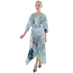 Crane Pattern Bird Animal Nature Quarter Sleeve Wrap Front Maxi Dress