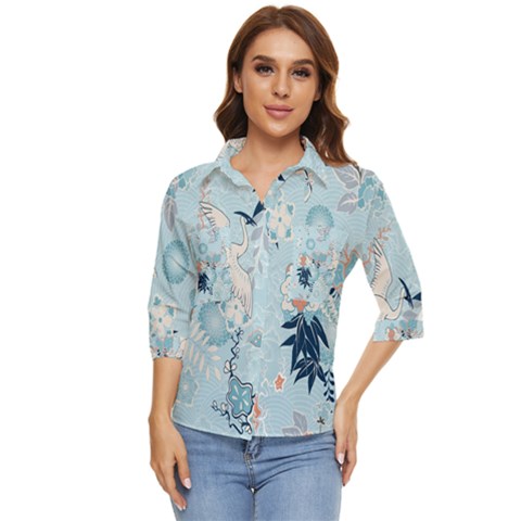 Crane Pattern Bird Animal Nature Women s Quarter Sleeve Pocket Shirt by Bedest