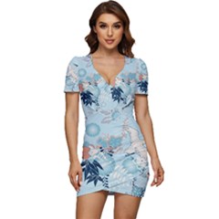 Crane Pattern Bird Animal Nature Low Cut Cap Sleeve Mini Dress by Bedest