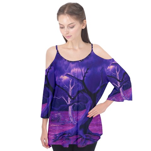 Forest Night Sky Clouds Mystical Flutter Sleeve T-shirt  by Bedest