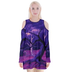 Forest Night Sky Clouds Mystical Velvet Long Sleeve Shoulder Cutout Dress by Bedest