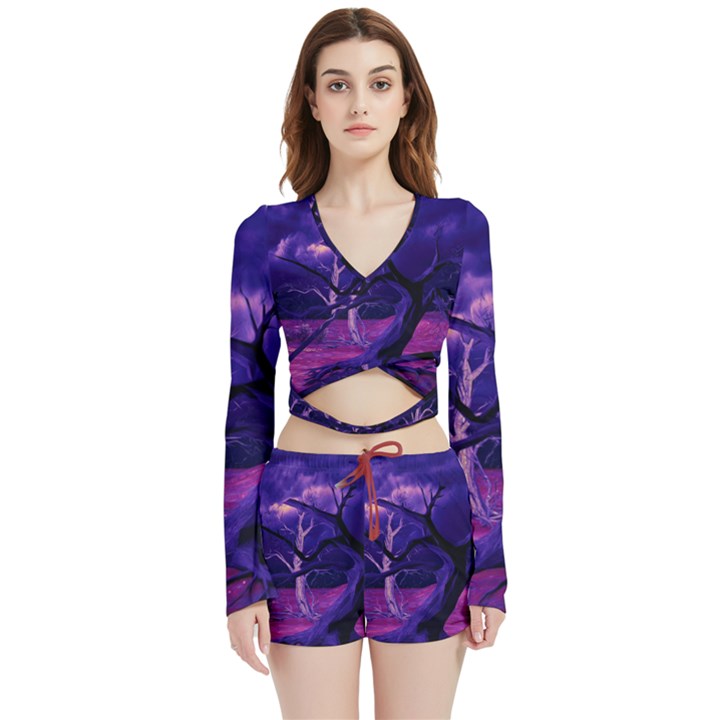 Forest Night Sky Clouds Mystical Velvet Wrap Crop Top and Shorts Set