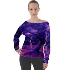 Forest Night Sky Clouds Mystical Off Shoulder Long Sleeve Velour Top by Bedest