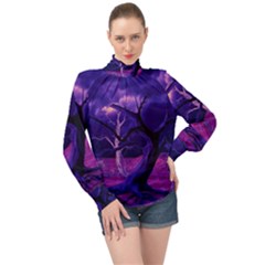 Forest Night Sky Clouds Mystical High Neck Long Sleeve Chiffon Top