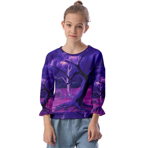 Forest Night Sky Clouds Mystical Kids  Cuff Sleeve Top by Bedest