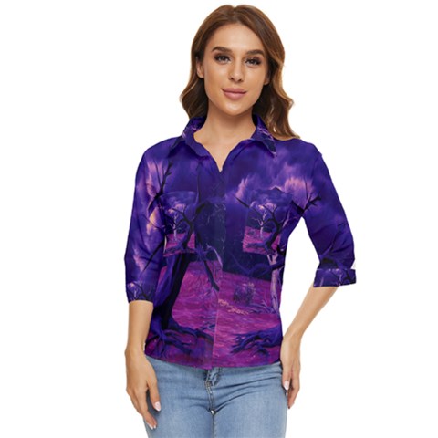 Forest Night Sky Clouds Mystical Women s Quarter Sleeve Pocket Shirt by Bedest