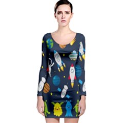 Big Set Cute Astronauts Space Planets Stars Aliens Rockets Ufo Constellations Satellite Moon Rover V Long Sleeve Bodycon Dress by Bedest