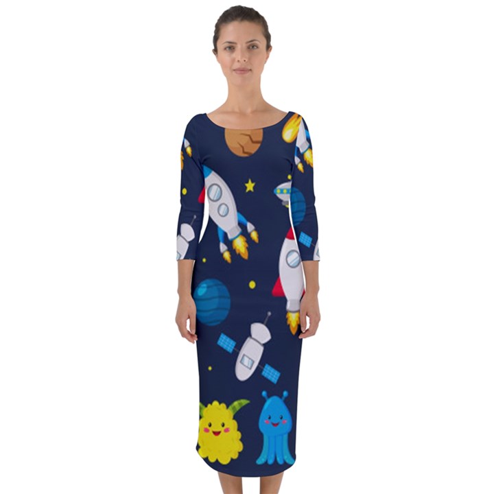 Big Set Cute Astronauts Space Planets Stars Aliens Rockets Ufo Constellations Satellite Moon Rover V Quarter Sleeve Midi Bodycon Dress