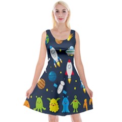 Big Set Cute Astronauts Space Planets Stars Aliens Rockets Ufo Constellations Satellite Moon Rover V Reversible Velvet Sleeveless Dress by Bedest